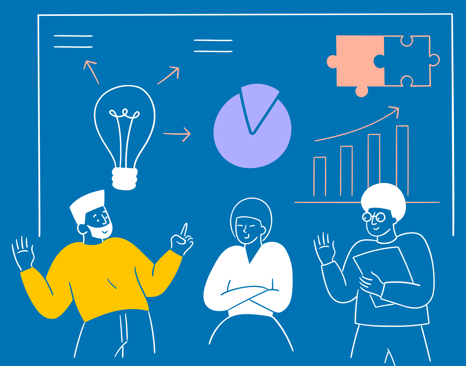 Illustration of three teammates collaborating at a whiteboard