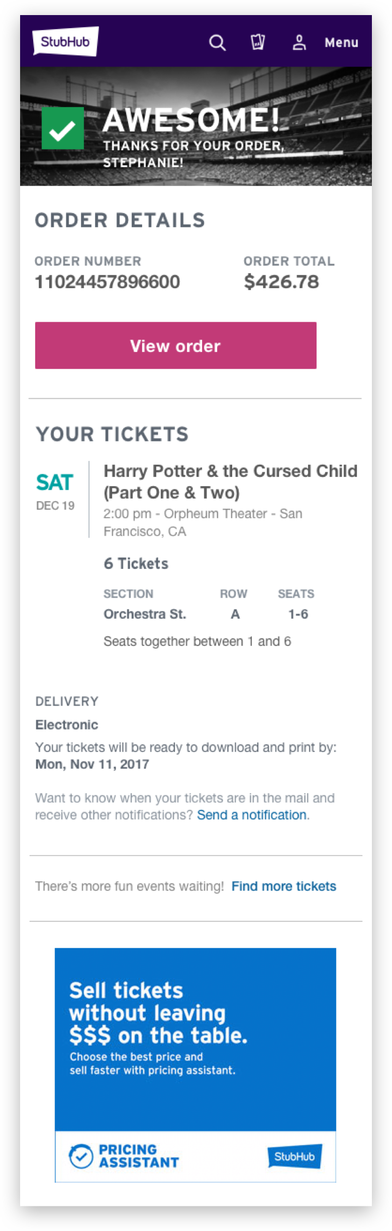Order confirmation on mobile
